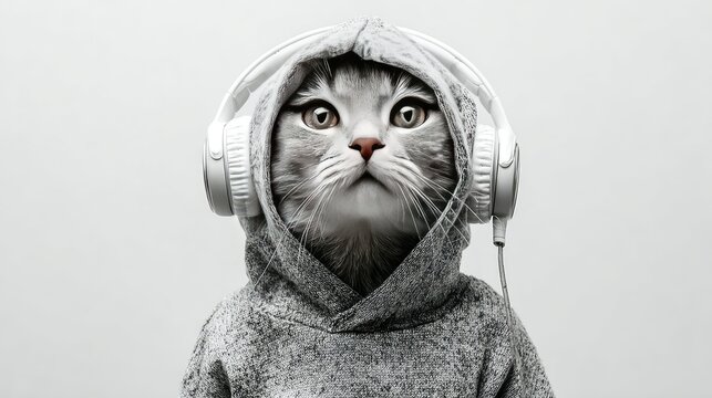 Cute gray cat wearing headphones and hoodie against white background
