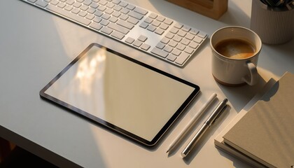 Digital Workspace: A modern workspace bathed in warm sunlight, featuring a sleek digital tablet, a keyboard, a steaming coffee, and writing utensils, ready for creative exploration.