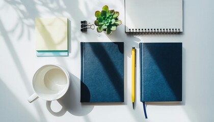 Workspace Essentials: A collection of office and stationery items are arranged neatly on a surface bathed in the soft glow of sunlight and shadow, offering a tranquil view of an organized workspace