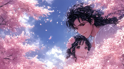 Father and daughter under cherry blossom trees illustration