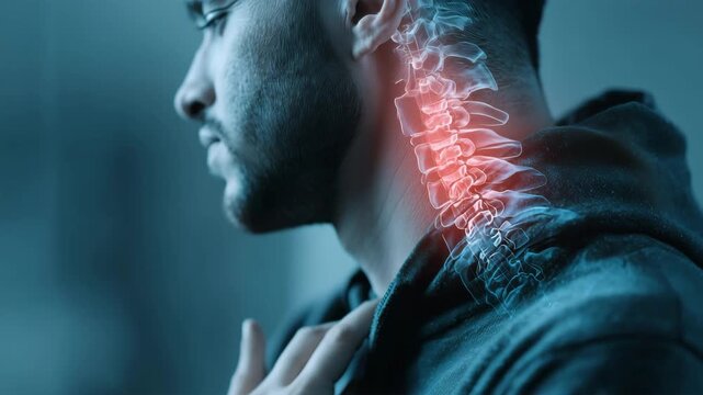 男性が首の痛みに手を当て、横顔に苦悩をにじませる様子