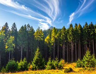 Dense evergreen forest under a vibrant blue sky with wispy clouds