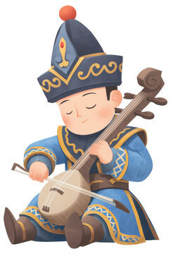 A charming illustration of a Mongolian musician playing a traditional Morin Khuur, isolated on transparent background.