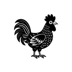 Black and white graphic illustration of a proud rooster standing on a white background.