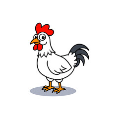 A cute cartoon white chicken with a red comb and wattle, and a black tail, standing on a white background.