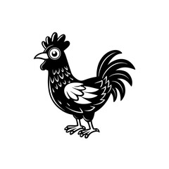 A black and white cartoon illustration of a rooster with its mouth open and a surprised expression.