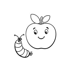 A cute cartoon illustration of a happy caterpillar next to a smiling apple with leaves.