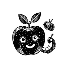 Obraz premium A whimsical black and white illustration of a happy apple with a smiling face, accompanied by a curious caterpillar and a small bee.