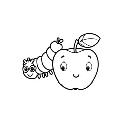 A cute cartoon caterpillar is crawling towards a smiling apple with a leaf on its stem.
