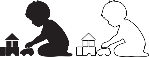 A silhouette and outline illustration depicting a young child actively playing with building blocks and a toy car on the floor.
