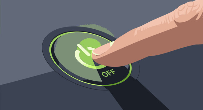 An illustrative close-up shows a human finger actively pressing a prominent green power button, indicating the process of deactivating a function.