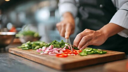 Chef worker cutting board knife chili onion vegetable kitchen professional worker chef hands chopping and slicing red chili green chili red onion and herbs wooden cutting board professional kitchen