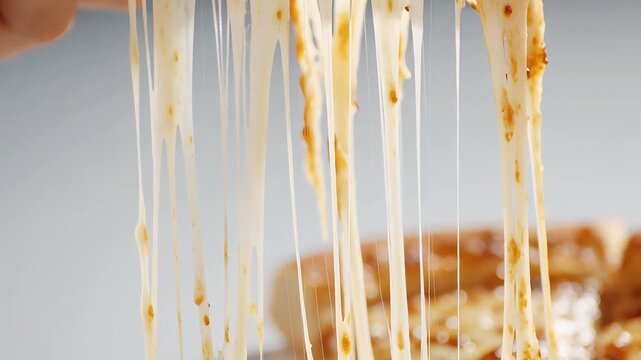 Close-up of gooey, melted cheese stretching from a delicious baked dish against a soft, blurred background