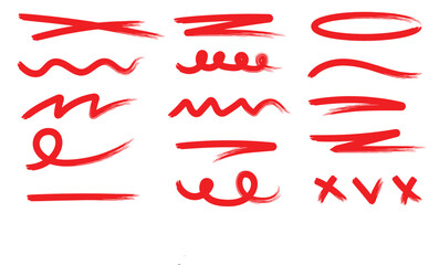 Red hand drawn brush strokes set. Sketched doodle scrawl lines collection. Zig zag, wavy, squiggle scribble stripe pack. Red marker note sign bundle for mark, emphasis, accent, highlight. Vector