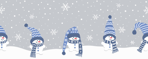 Baby Snowmen Have Fun in Winter Holidays. Seamless Border. Christmas Background. Cute Snowmen in Blue Winter Hats, Scarves under Snow. Greeting Card Template. Vector on Gray Background