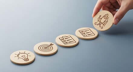 Hand placing wooden token symbolizing startup launch completing the five steps toward business success and growth