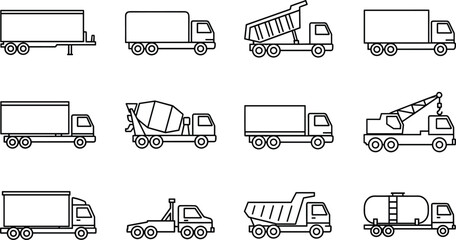 Commercial Truck, Transportation, and Logistics Vehicle Line Icons Set, Including Delivery Box Van, Cement Mixer, Dump Truck, and Tow Truck in Outline Style, Isolated. © Hasan Creatives