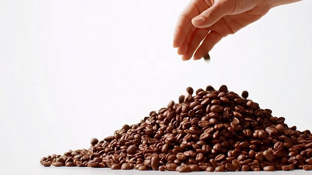 Close-up of a hand dropping coffee beans onto a pile of freshly roasted coffee beans against a white background