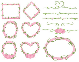 Decorative Pink wooden frames and floral elements with Vine, Wedding or valentine vector, delicate pink and green hues, ideal for elegant design projects isolated transparent border line greenery