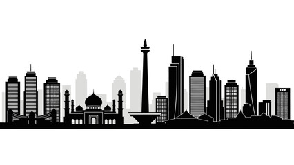 A dynamic black and white Jakarta, Indonesia city skyline silhouette vector