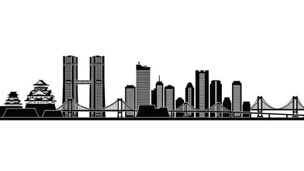 Naklejka premium A detailed black and white illustration of a modern city skyline featuring skyscrapers and bridges