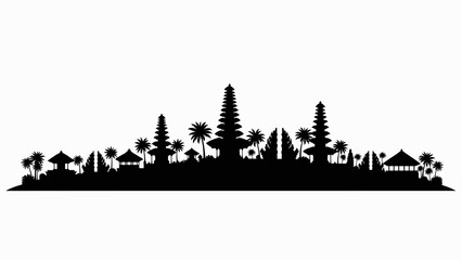 Detailed black silhouette of a traditional Balinese temple complex and tropical trees, forming an iconic cultural city skyline against a clean white background, perfect for travel and heritage themes