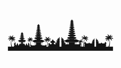 Iconic Asian temple city skyline silhouette vector illustration, featuring traditional architecture and tropical palm trees, perfect for travel and cultural design projects