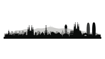 A stunning black and white silhouette of a city skyline, showcasing iconic architectural landmarks and the vast urban landscape under a clear sky, perfect for representing travel and cityscapes