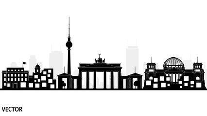 Detailed vector illustration of the famous Berlin city skyline silhouette, capturing iconic German landmarks like the Brandenburg Gate and TV Tower