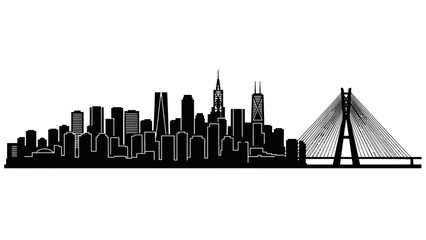 A striking black and white city skyline featuring modern architecture and a prominent bridge, evoking a sense of urban grandeur and design