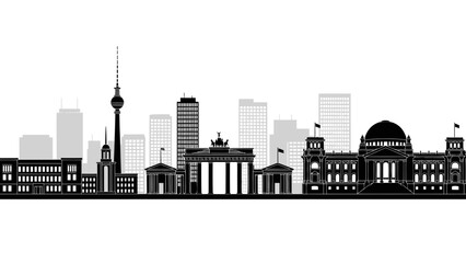 Dynamic black and white vector illustration capturing the iconic Berlin city skyline, featuring prominent German landmarks such as the Brandenburg Gate and Reichstag Building