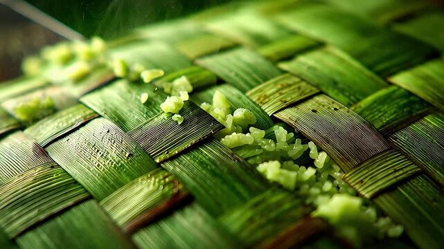 Intricate woven texture of green leaves with small light green pieces scattered across