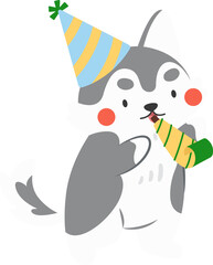 Cute Husky Dog with Party Hat and Party Whistle Character Illustration