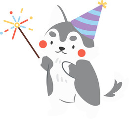 Cute Husky Dog with Party Hat and Firework Character Illustration © Kastengelwenak