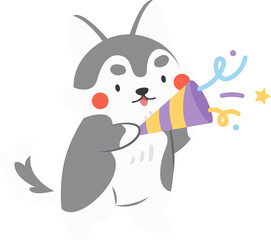 Cute Husky Dog with Party Popper Character Illustration