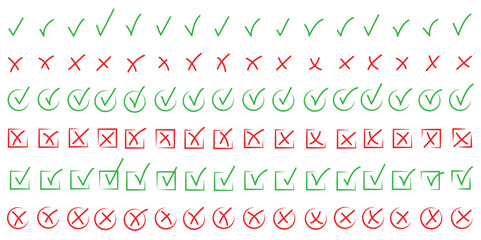 Hand drawn check and cross icons set in circle and square outline checklist marks vector illustration. Check tick mark icon set. Cross box x check mark checkbox v list vector draw hand drawn sketch © Hike studio 333