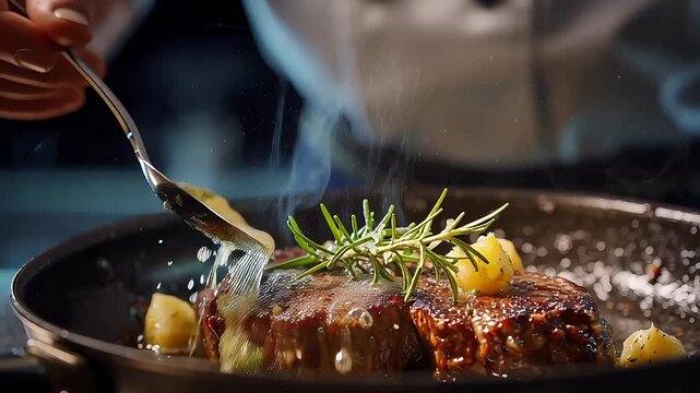 Steak being basted with butter and herbs in a pan, creating a culinary masterpiece