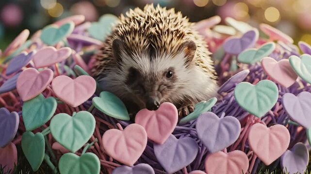 A hedgehog peeks from a heartadorned nest its face centered Soft pastel hearts surround the creature in a whimsical setting