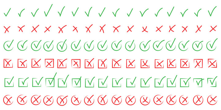 Hand drawn check and cross icons set in circle and square outline checklist marks vector illustration. Check tick mark icon set. Cross box x check mark checkbox v list vector draw hand drawn sketch