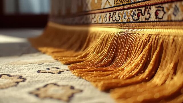 Ornate golden fringes of a traditional textile meet a subtle patterned rug, highlighting the exquisite craftsmanship and luxurious textures that enrich interior spaces