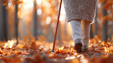 Naklejka premium Elderly care support walking cane autumn forest leaves warm sunlight peaceful stroll