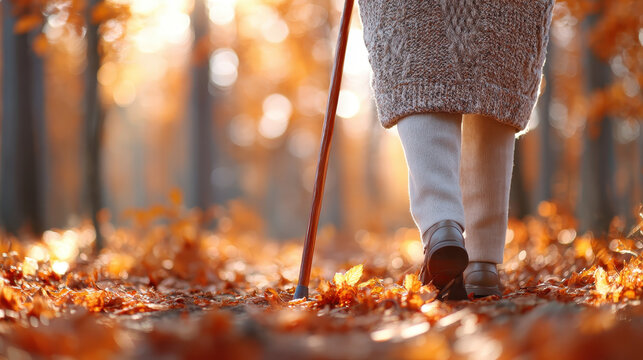Elderly care support walking cane autumn forest leaves warm sunlight peaceful stroll