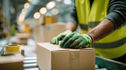 A warehouse worker packages a box, surrounded by blurred stacks of cardboard boxes and bright overhead lights.