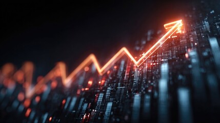 Neon growth chart with upward arrow visuals, glowing graphs, digital analytics themes, and business progress symbols in tech or startup environments