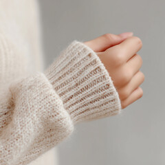 포근한 니트 소매와 손의 미니멀 클로즈업