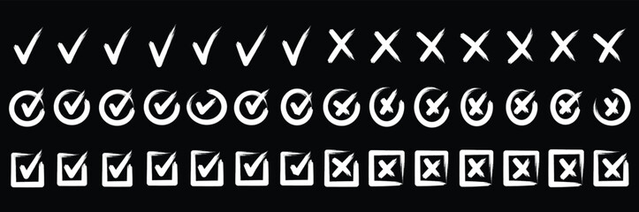 Hand drawn doodle checkmark and cross icons set checklist marks in box and circle grunge brush style vector illustration © top3