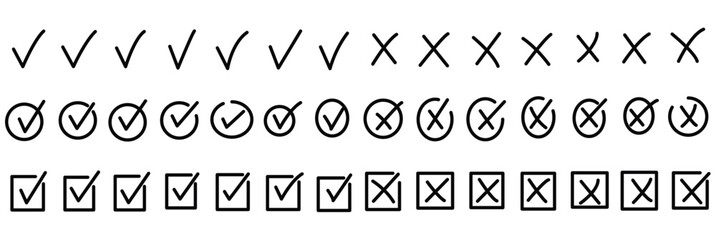 Print Check tick mark icon set. Cross box x check mark checkbox v list vector draw hand drawn sketch doodle brush marker checklist symbol wrong right circle. Green checkmark marker icon. brush marker  © Hike studio 333