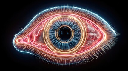 Neon eye anatomy glowing with retina, iris, and pupil outlines, stylized medical vision diagram in electric neon for science and education