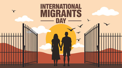 Silhouettes of a couple holding hands at an open gate with a hopeful sunset glow in a flat vector illustration for International Migrants Day awareness.