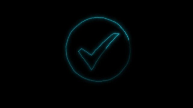 Glowing neon light tick mark icon animation on black background. True sign in neon style. check mark button. neon success, approved, yes icon signs animation.